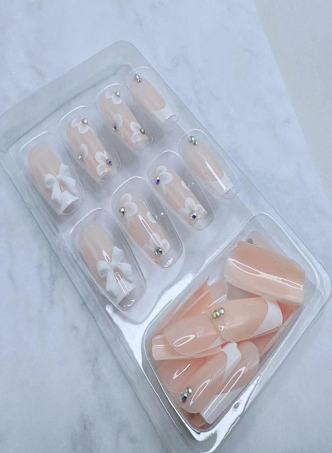 BSBTBZ 24pcs French Tip Press on Nails Medium Length Fake Nails Flower with 3D Flower Bow Charms Acrylic Nails Press ons Design Glossy Pink False Nails Cute Stick on Nails for Women Manicure Tips - Image 5